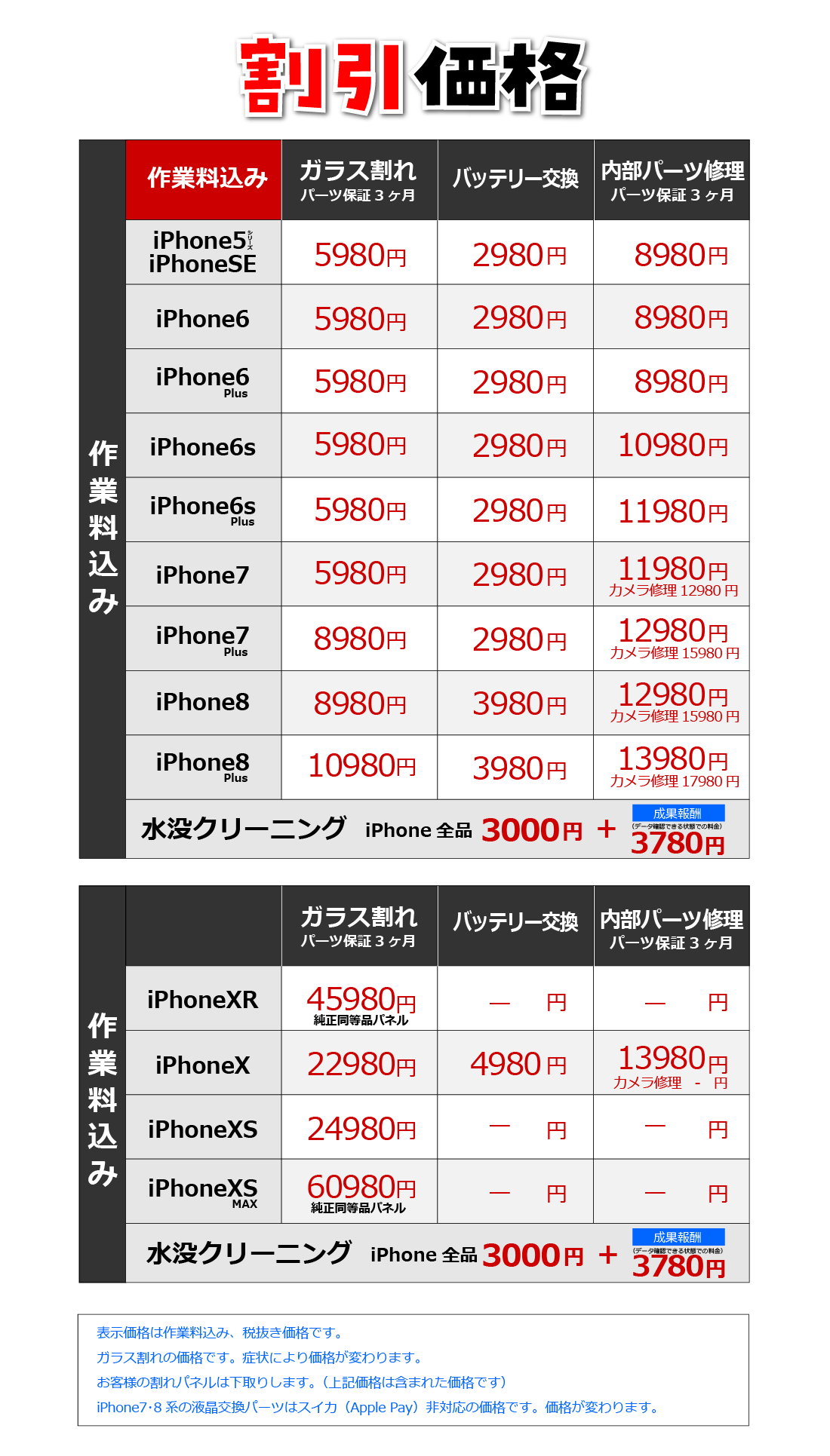 iPhone修理割引価格 液晶交換 バッテリー交換 内部パーツ修理